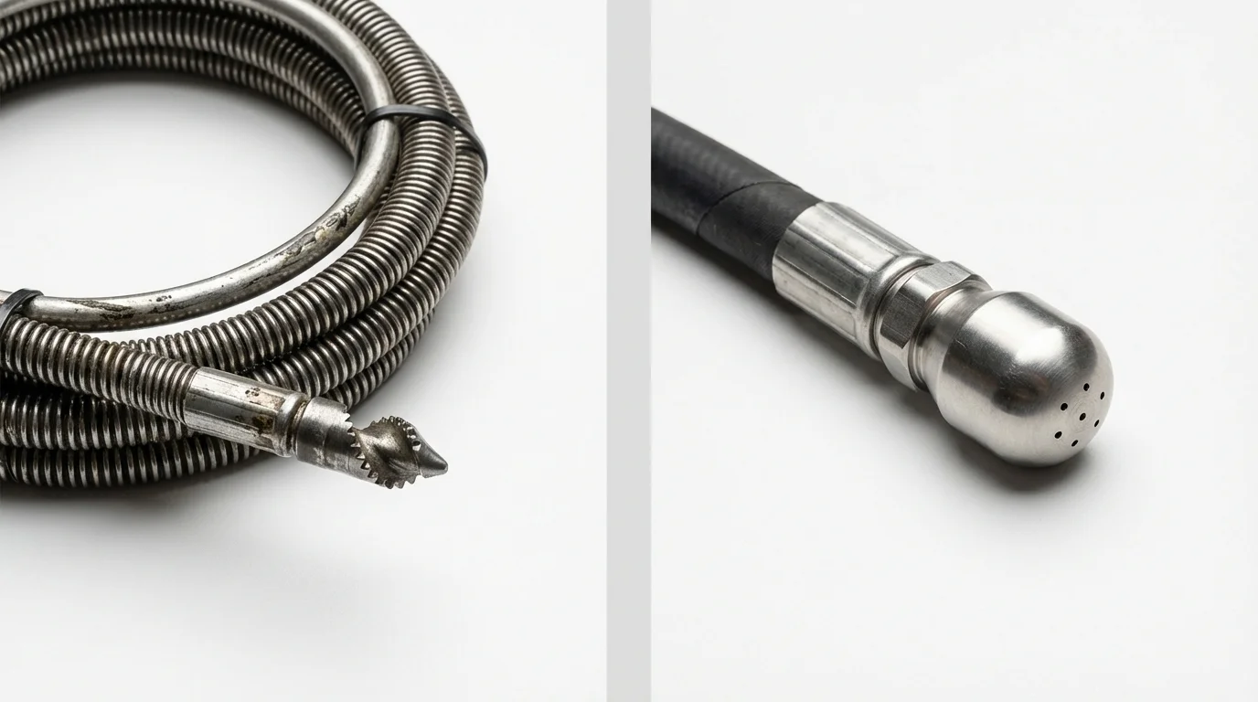 Drain snake cable and hydro jetting nozzle used for drain cleaning in Huntsville, AL