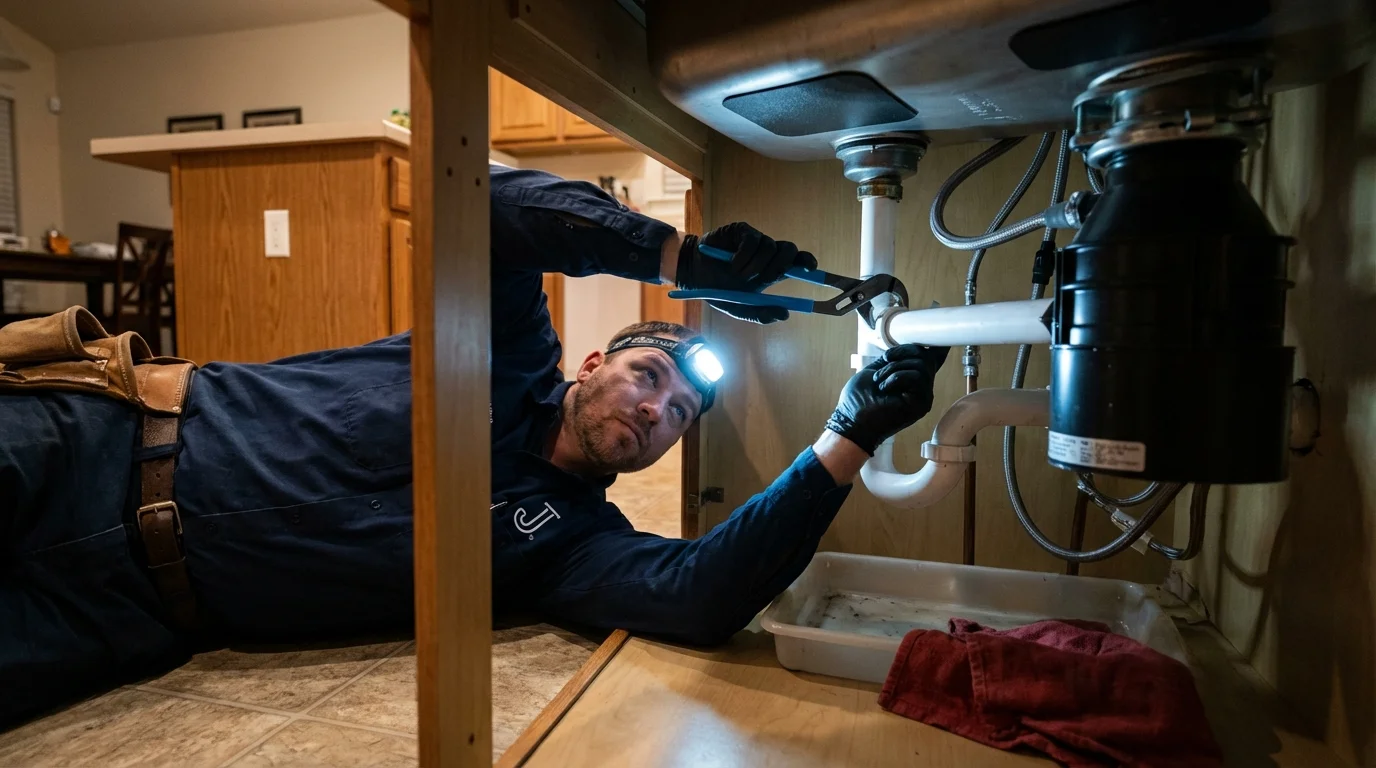 P-trap and supply line connections under a kitchen sink showing a common leak point in Huntsville, AL
